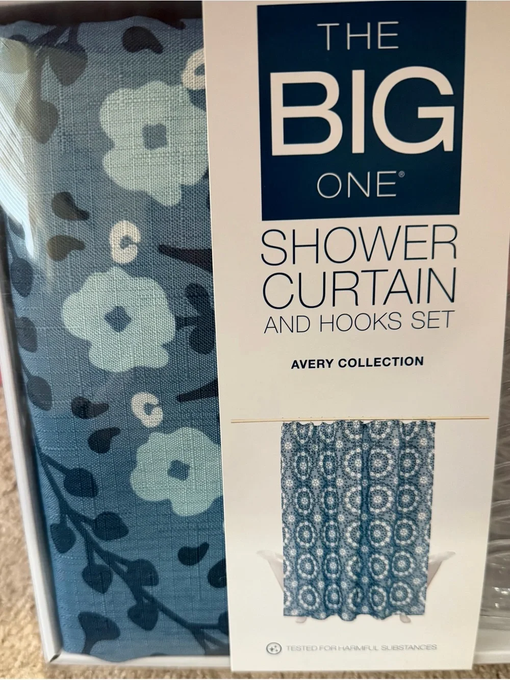 NWT. The Big One Blue Floral Shower Curtain and Hooks Set